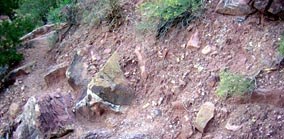 Rocky soil exposure on the New Hance Trail