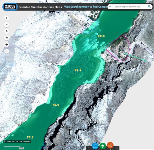 Sample campsite map shows projected high flow water level covering a beach often used for camping. The high flow level is indicated by a bright green overlay.