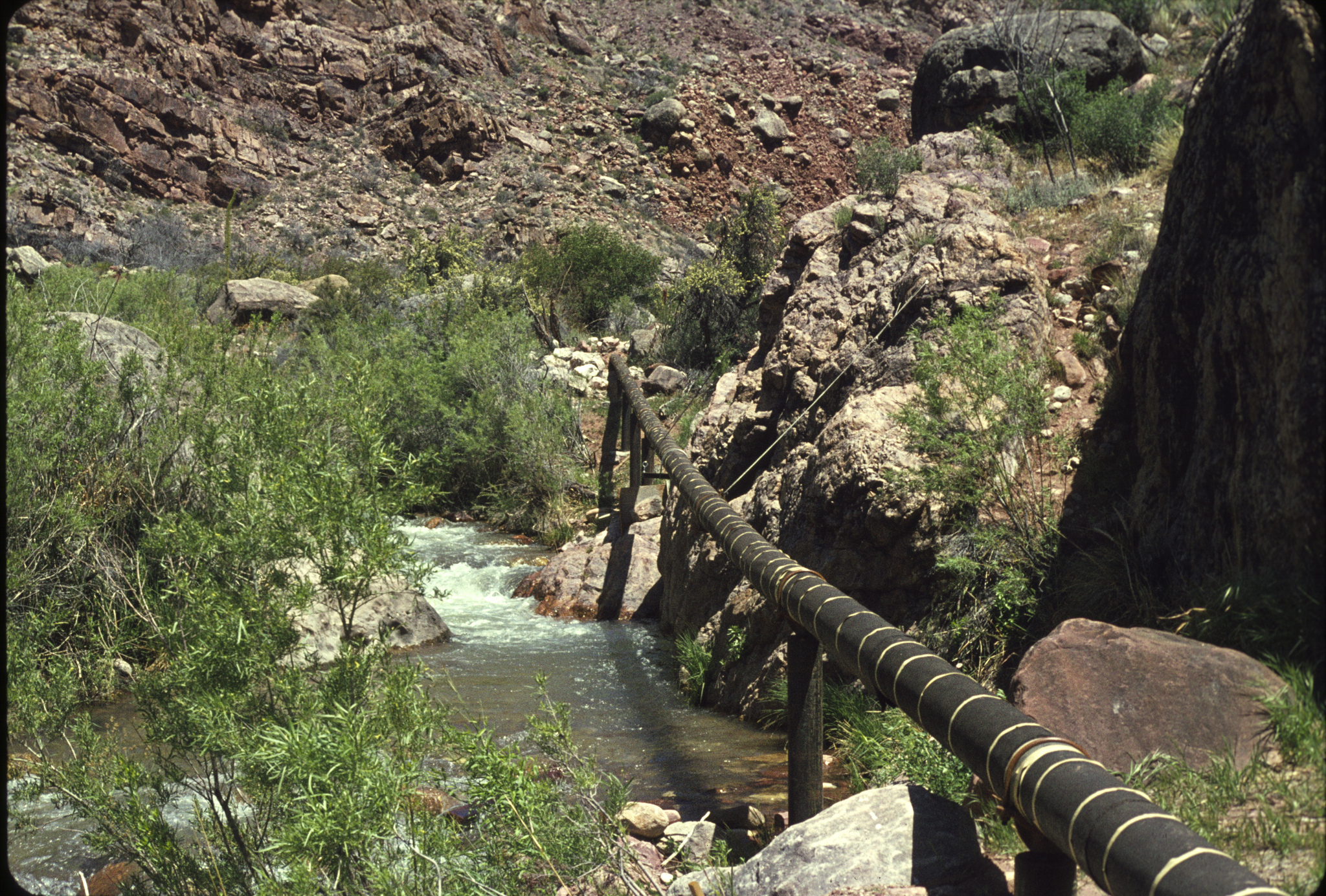 The Trans-Canyon pipeline running above a rocky stream.