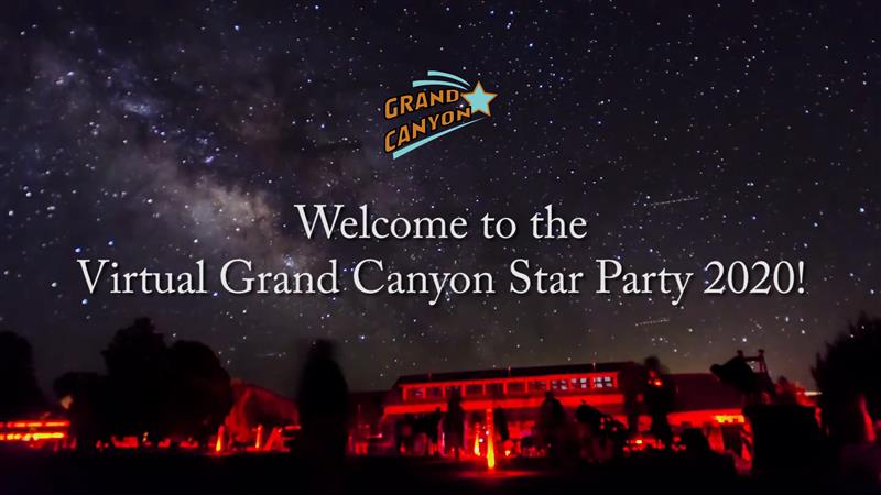 A night sky with red lighting in the forefront highlights telescopes looking at the sky. The words "Welcome to the Virtual Grand Canyon Star Party 2020!" are superimposed over the image.