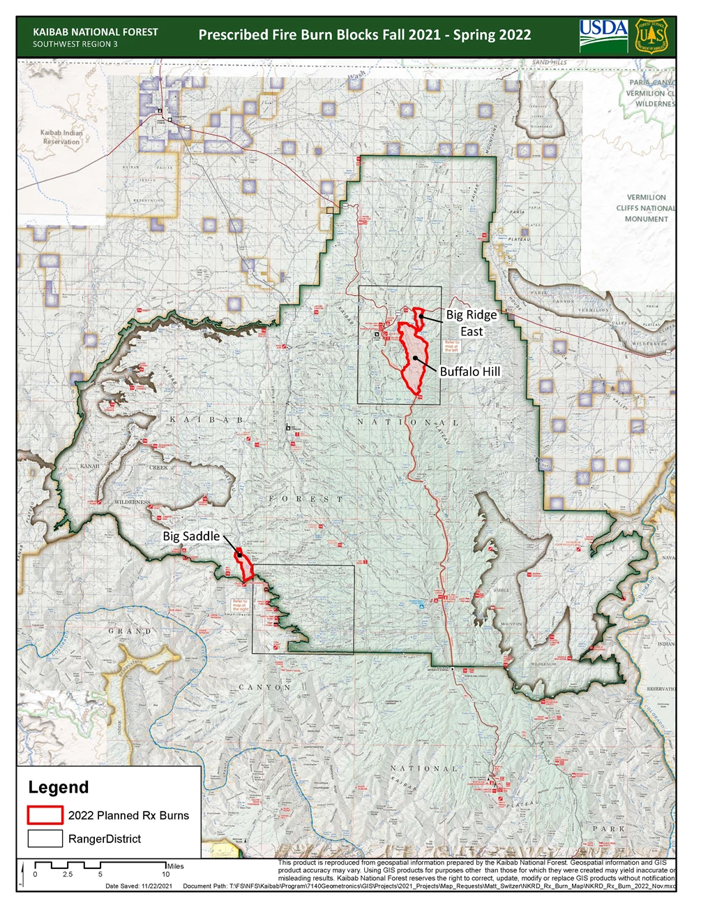 North Kaibab Prescribed Fire Areas Map showing prescribed fire areas on the Kaibab National Forest