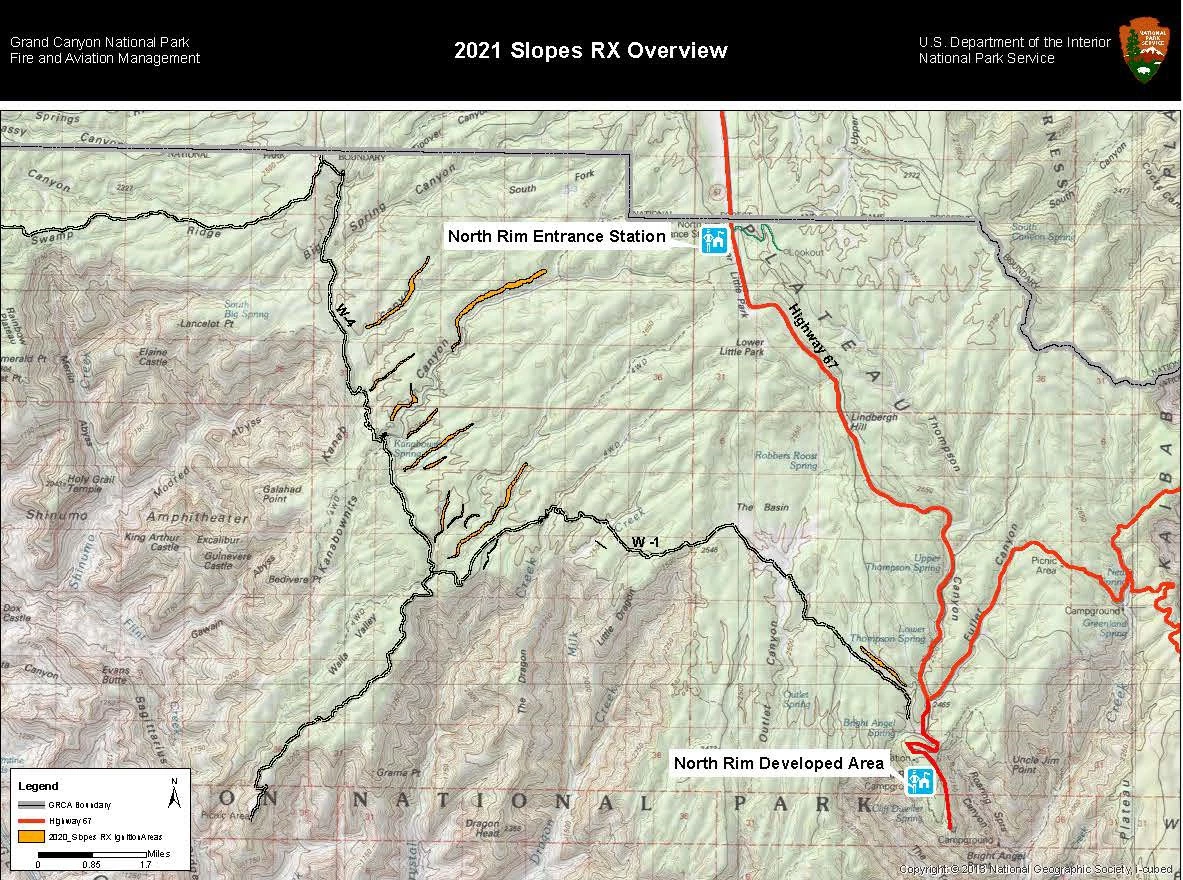 Prescribed Fire on North Rim of Grand Canyon Prescribed fire areas represented on a map for the North Rim of Grand Canyon National Park