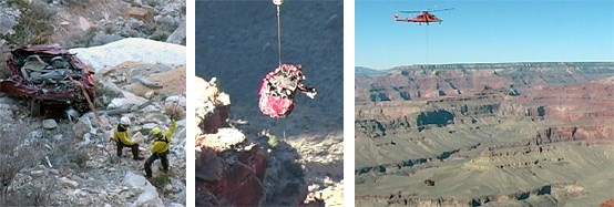 The Red Chrysler Crossfire being extracted from the canyon by a KMax heavy lift helicopter and the National Park Service Rangers.