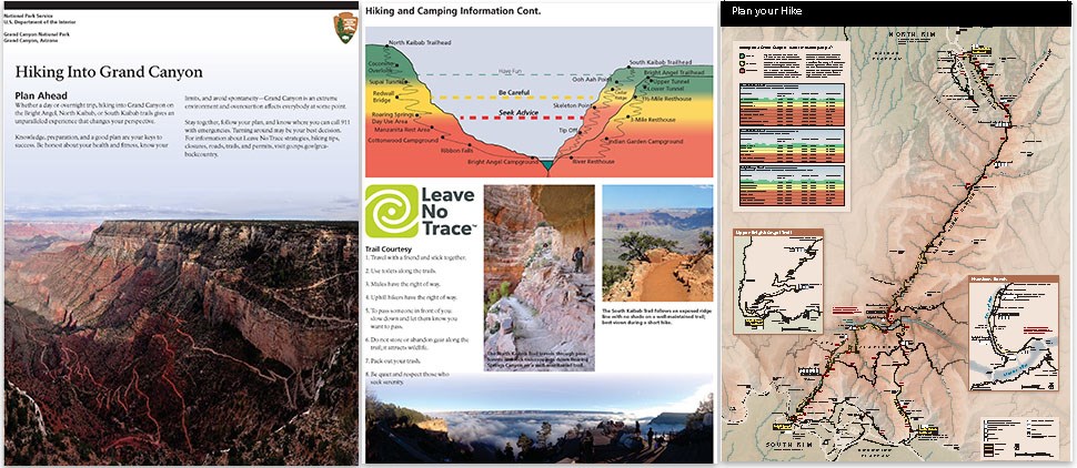 3 pages of the Introduction of the Backcountry Hiking Brochure: title page, trails profile, Corridor Trails Map
