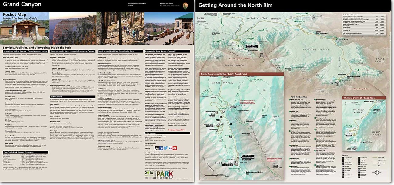 Graphic shows front (listing of services) and back (maps) of North Rim Pocket Map - the PDF version is accessible.