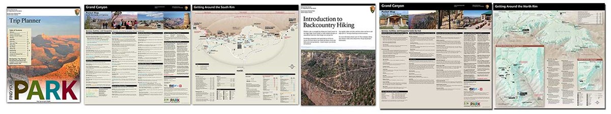 Pages from four park trip planning publications are shown in a horizontal row across the width of the screen. Pages from four park trip planning publications are shown in a horizontal row across the width of the screen.