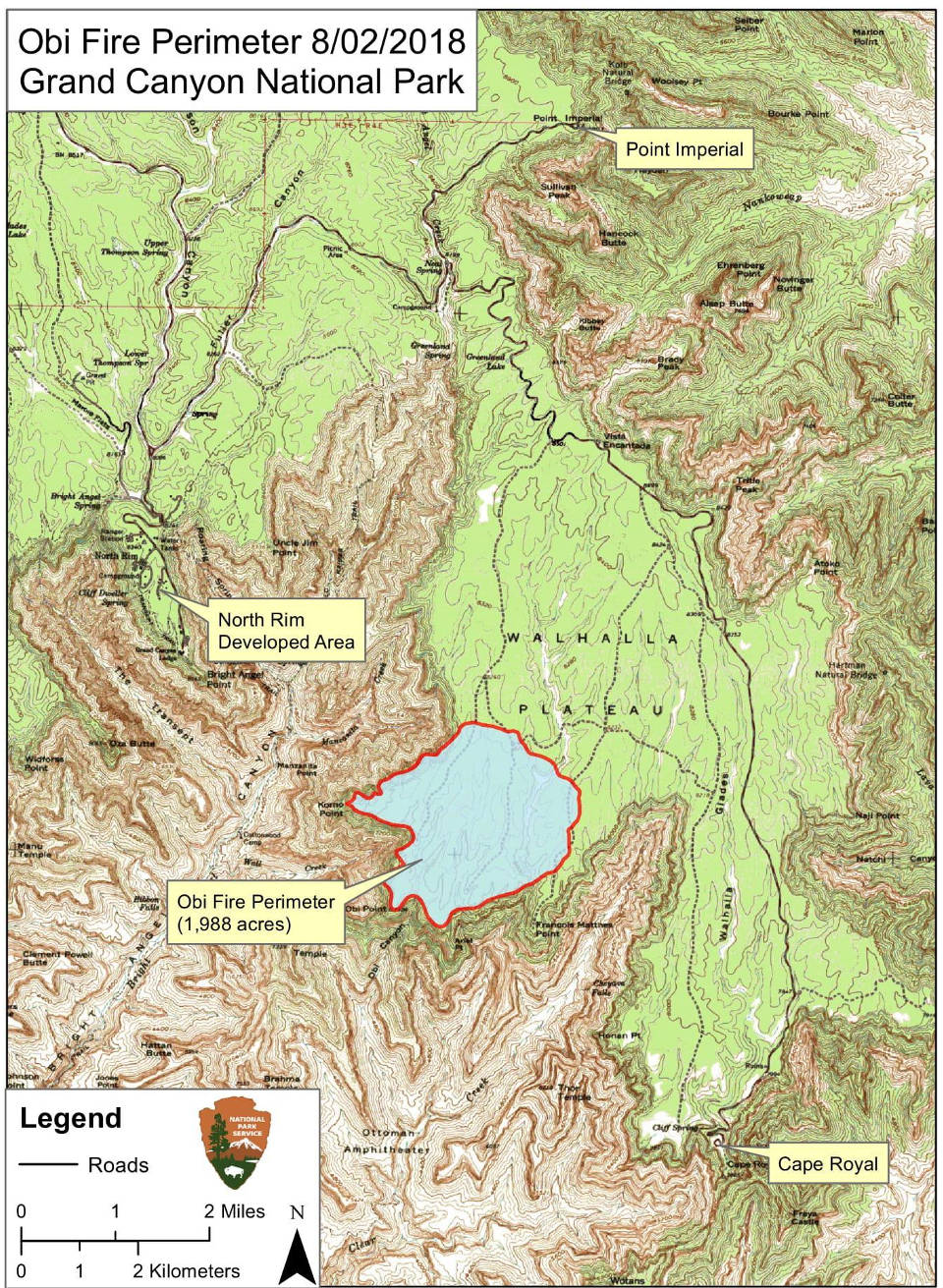 map from August 2, 2018 that show the location of the Obi Fire in relation to the North Rim Developed Area and the Walhalla Plateau.