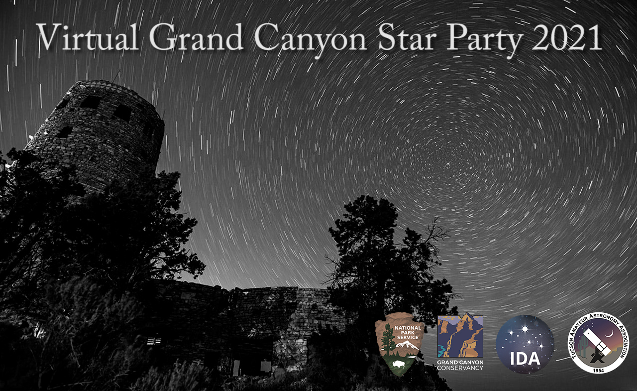 2021 Star Party The Desert View Watchtower with a starry-sky backdrop. Title reads 'Grand Canyon Virtual Star Party'