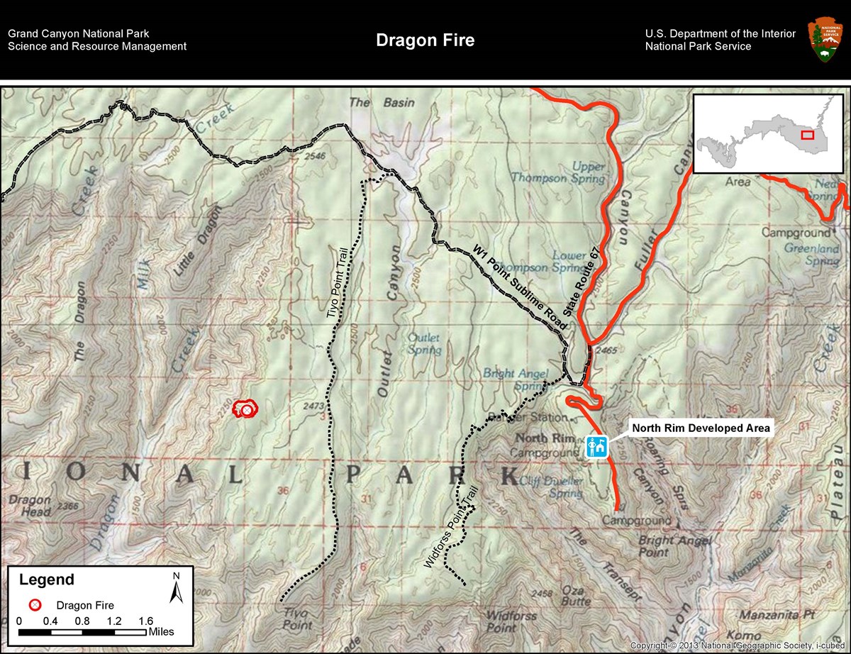 A map of the dragon fire, located approximately 5 miles directly west of the Grand Canyon North Rim Lodge
