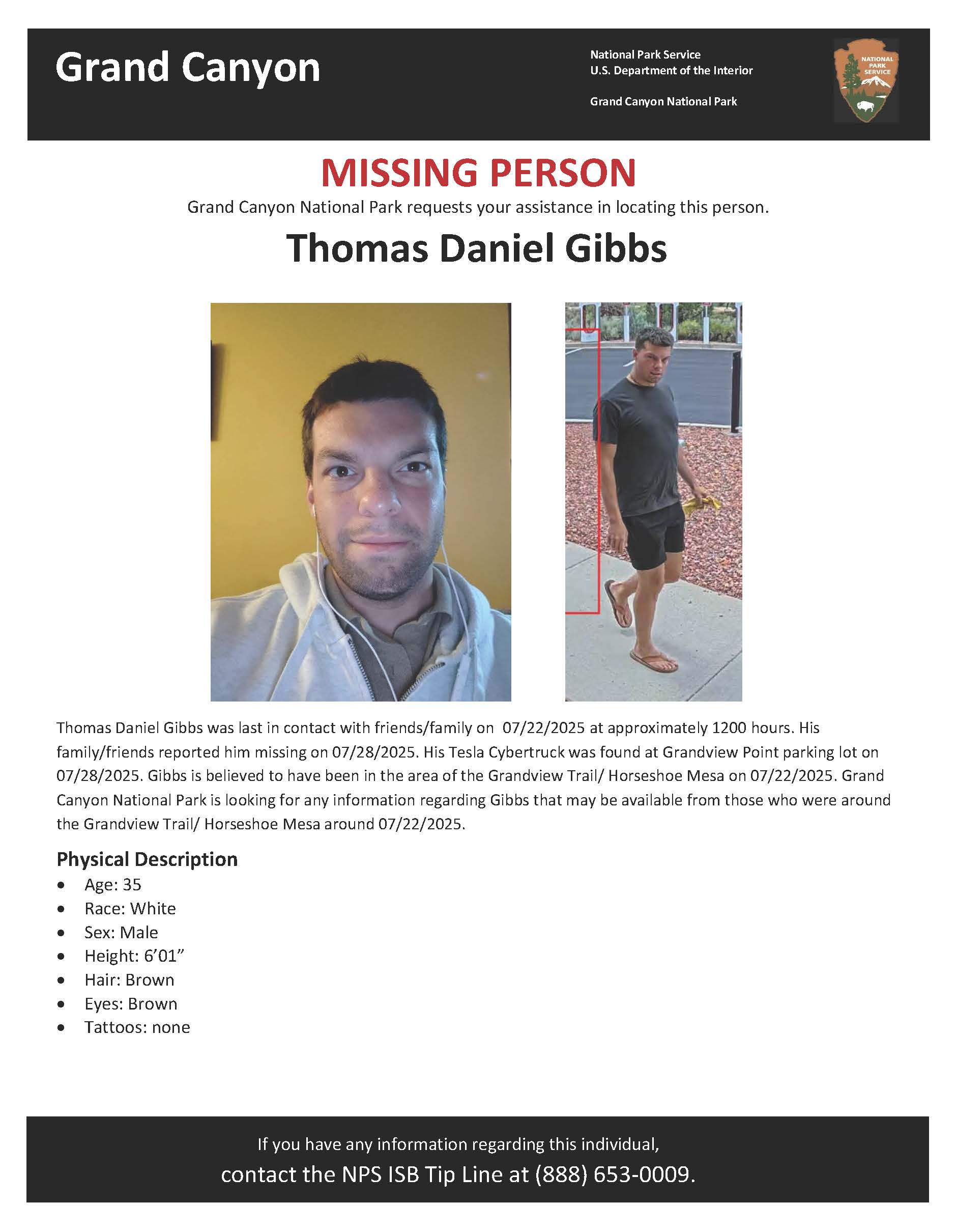 Gibbs Missing Person Poster-Updated Two photos showing a male in his mid 30s with brown hair, brown eyes, and wearing a gray tshirt with black shorts and flip flops