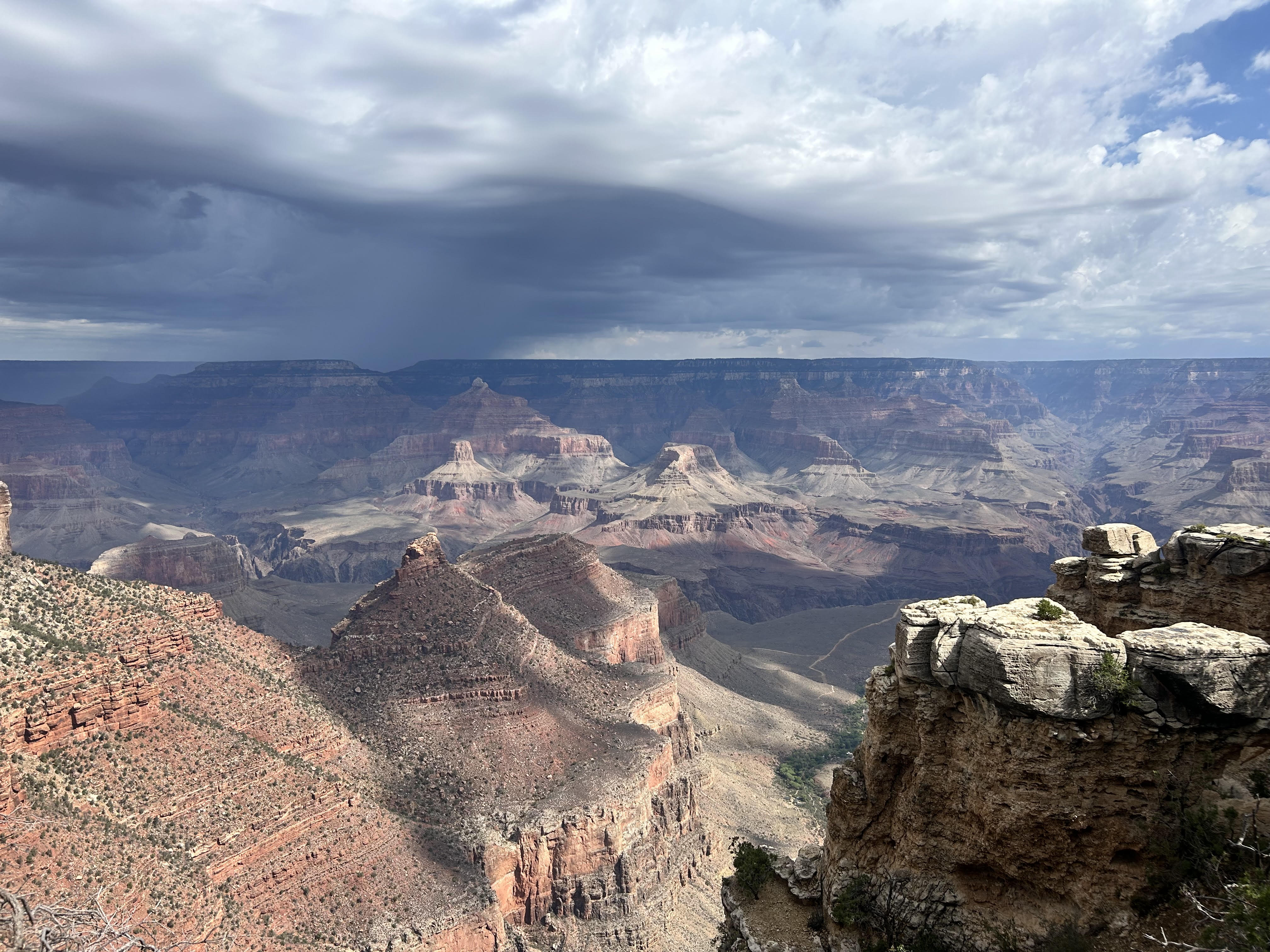 A storm system moves across the North Rim of Grand Canyon National Park on August 29, 2026. The storm produced heavy rainfall that contributed to significant flash flooding in Bright Angel Canyon and the Phantom Ranch area.
