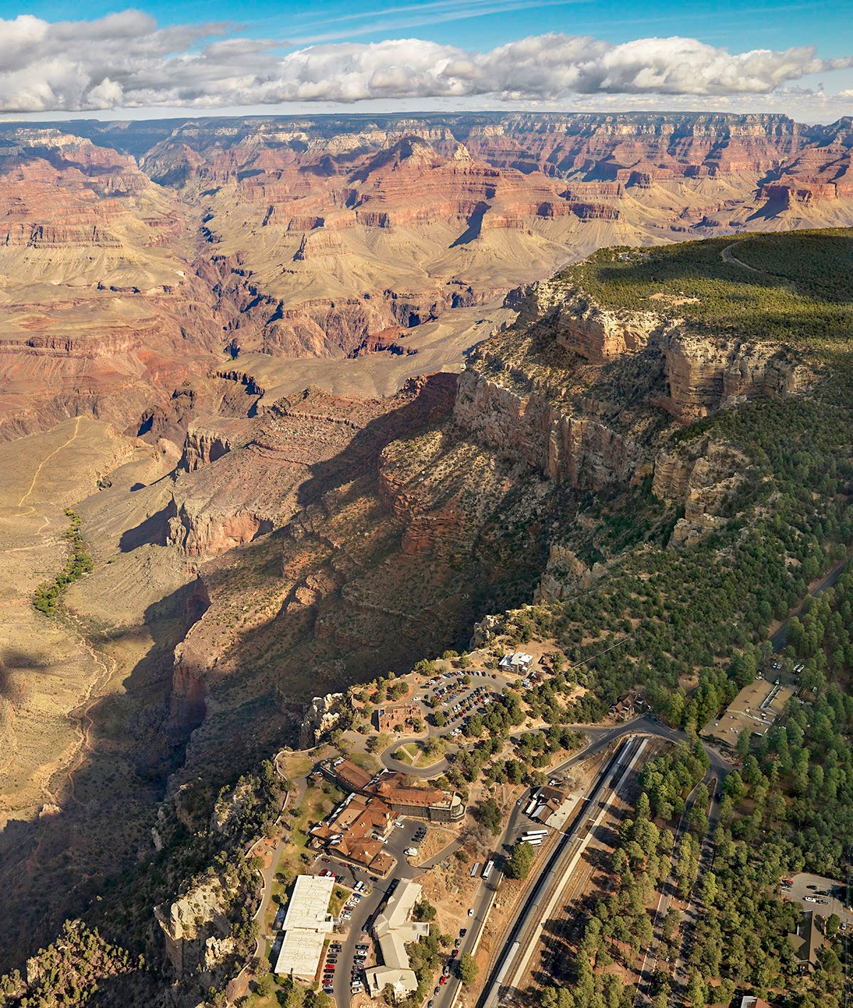 An aerial image of the South Rim hotels on the edge of Grand Canyon