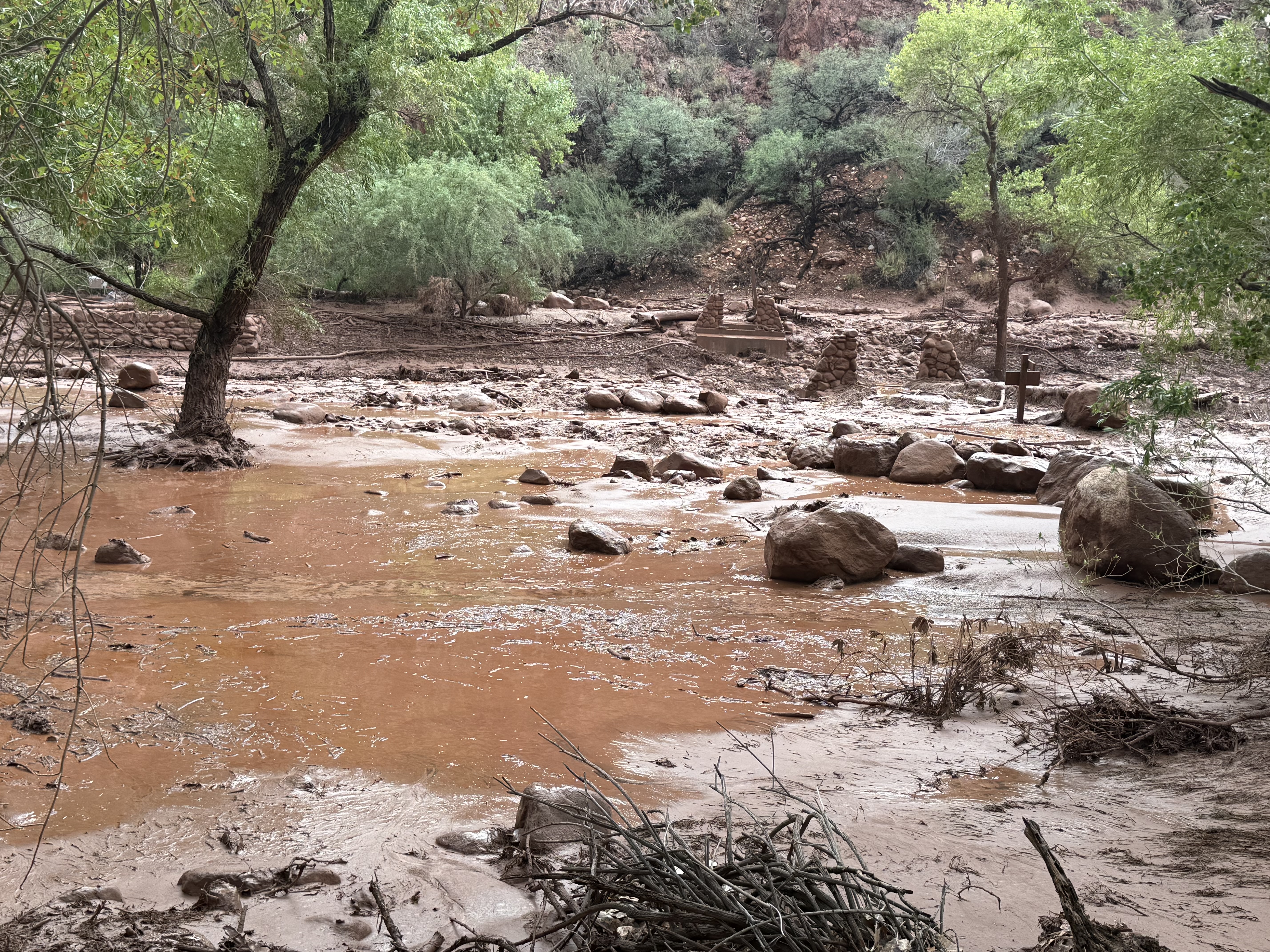 Muddy water and debris spans across an inner canyon landscape