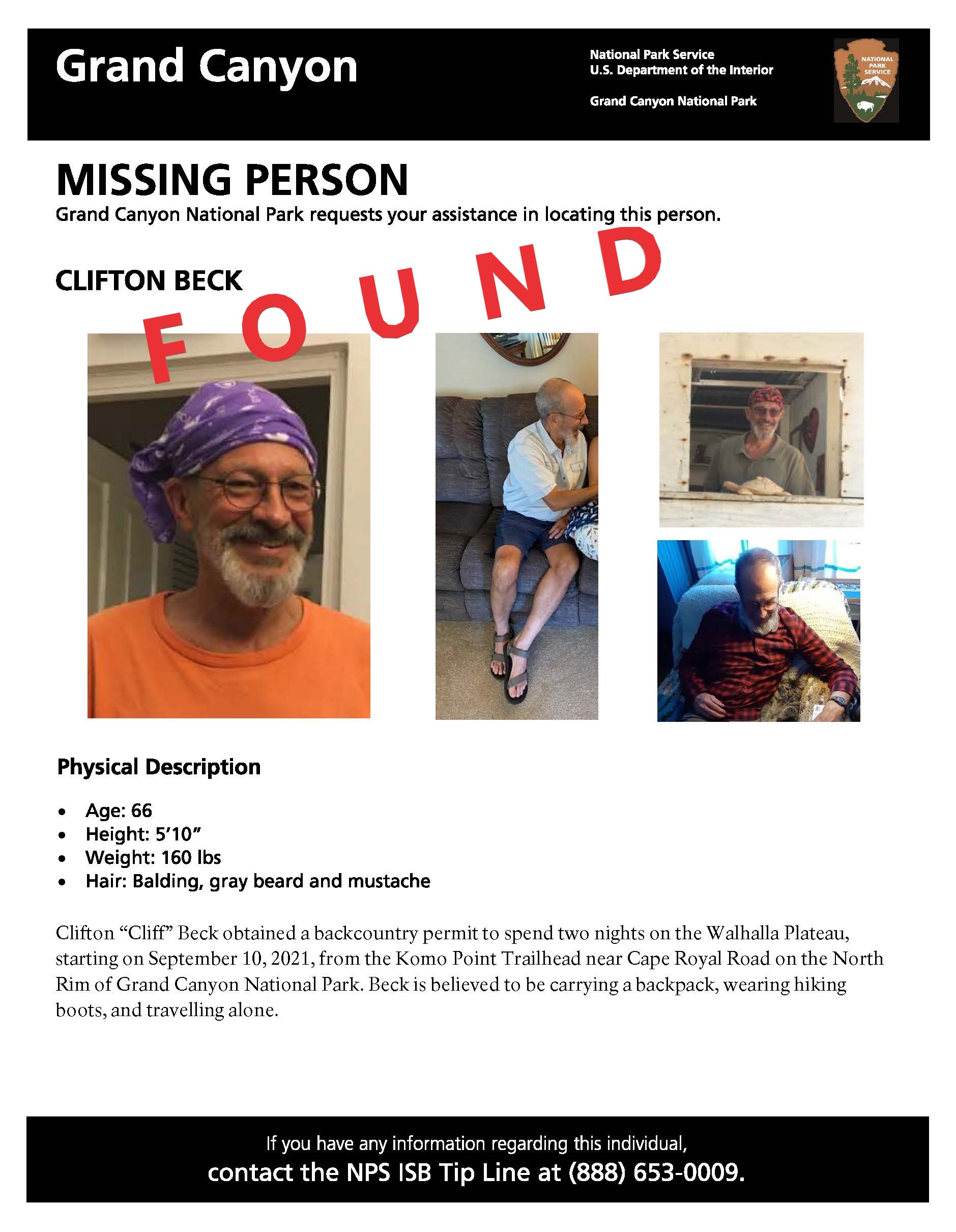 Beck missing person flyer with the word "found" in red lettering