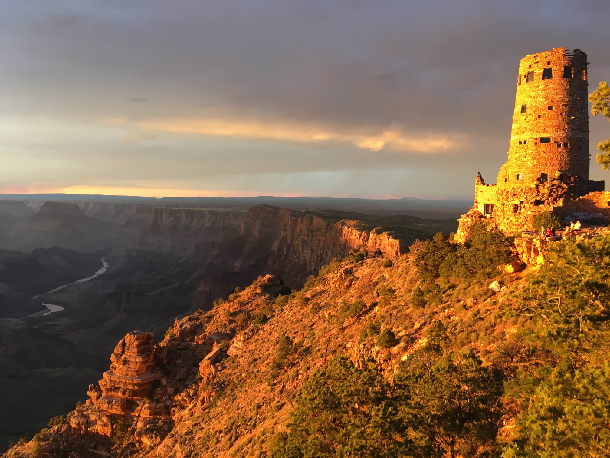 DV Watchtower at Sunset The Desert View Watchtower is prominent across the canyon landscape