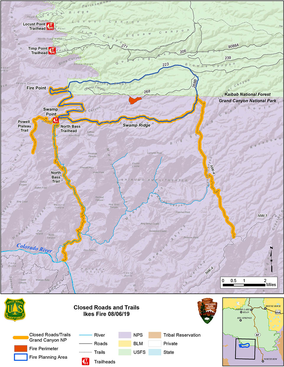 map showing the Ikes Fire containment area in relation to the north side of Grand Canyon National Park in its boundary with Kaibab Nat. Forest