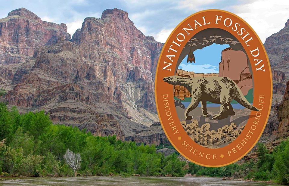 Description: National Fossil Day orange oval logo shows giant sloth superimposed against towering canyon cliffs from river level.