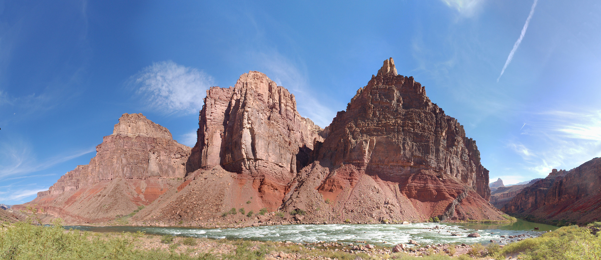 A panoramic view of Hance Rapid from the shoreline