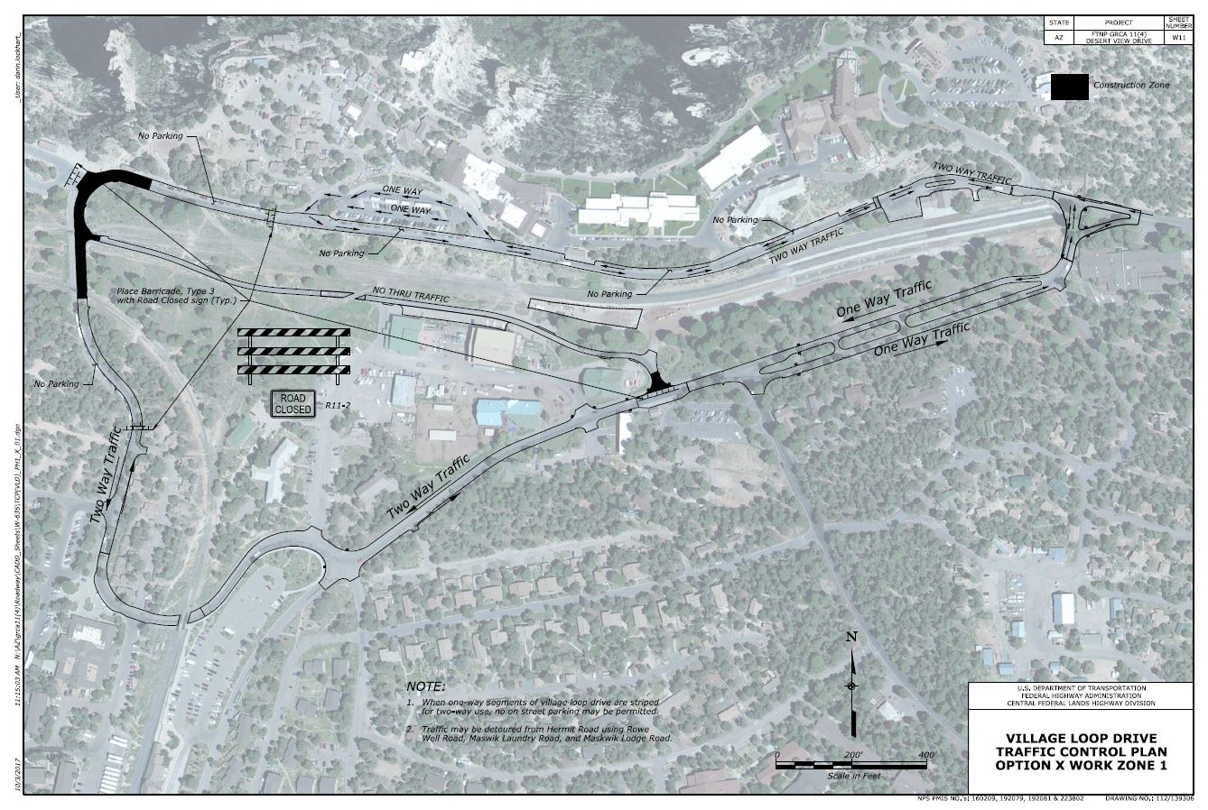 map with detours in Grand Canyon Village