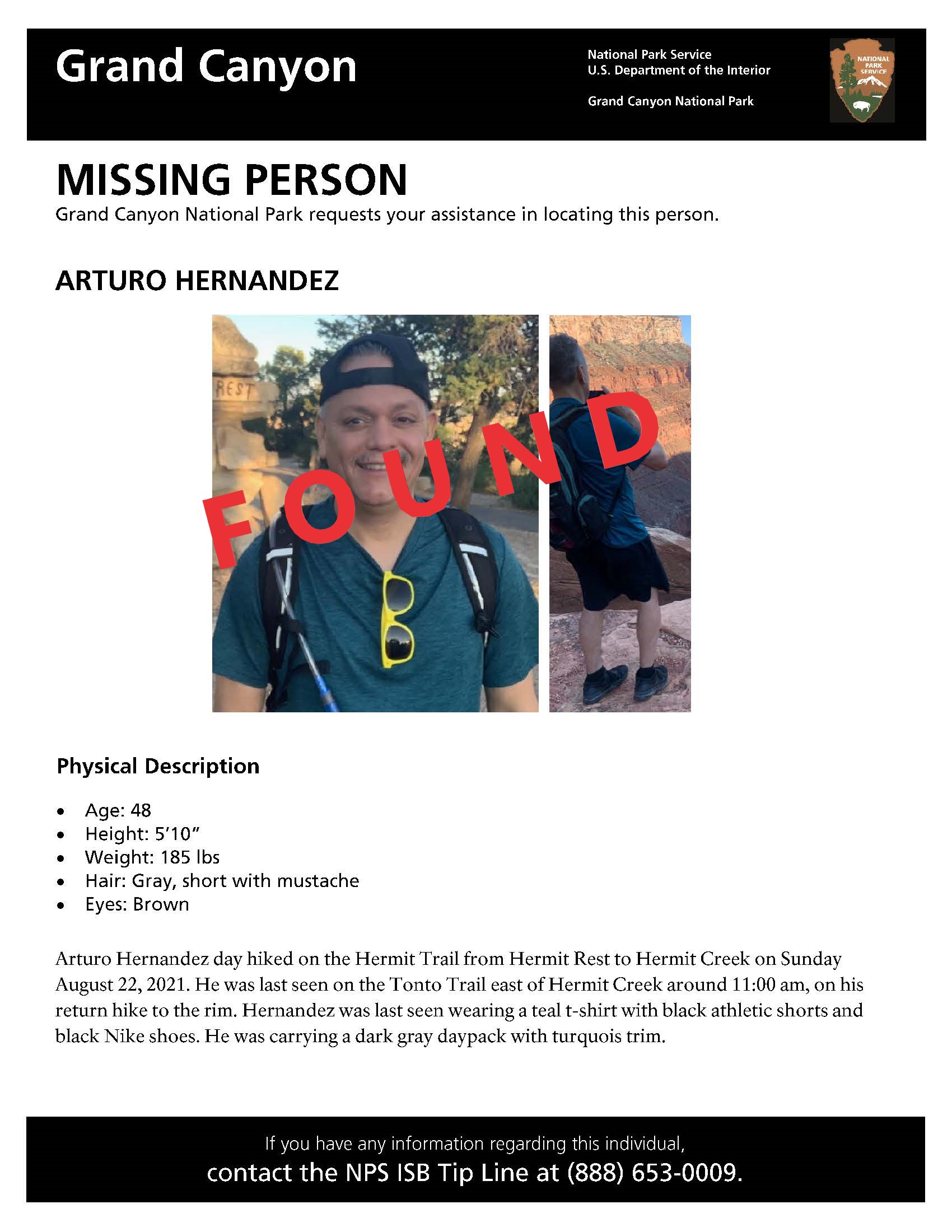 Missing person flyer with red letters "found" over top