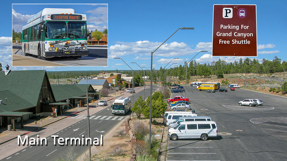 Photograph of park shuttle bus and Grand Canyon airport Photograph of park shuttle bus and Grand Canyon airport