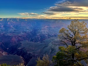 A faint sunrise over the canyon with bright angel canyon and creek in the background