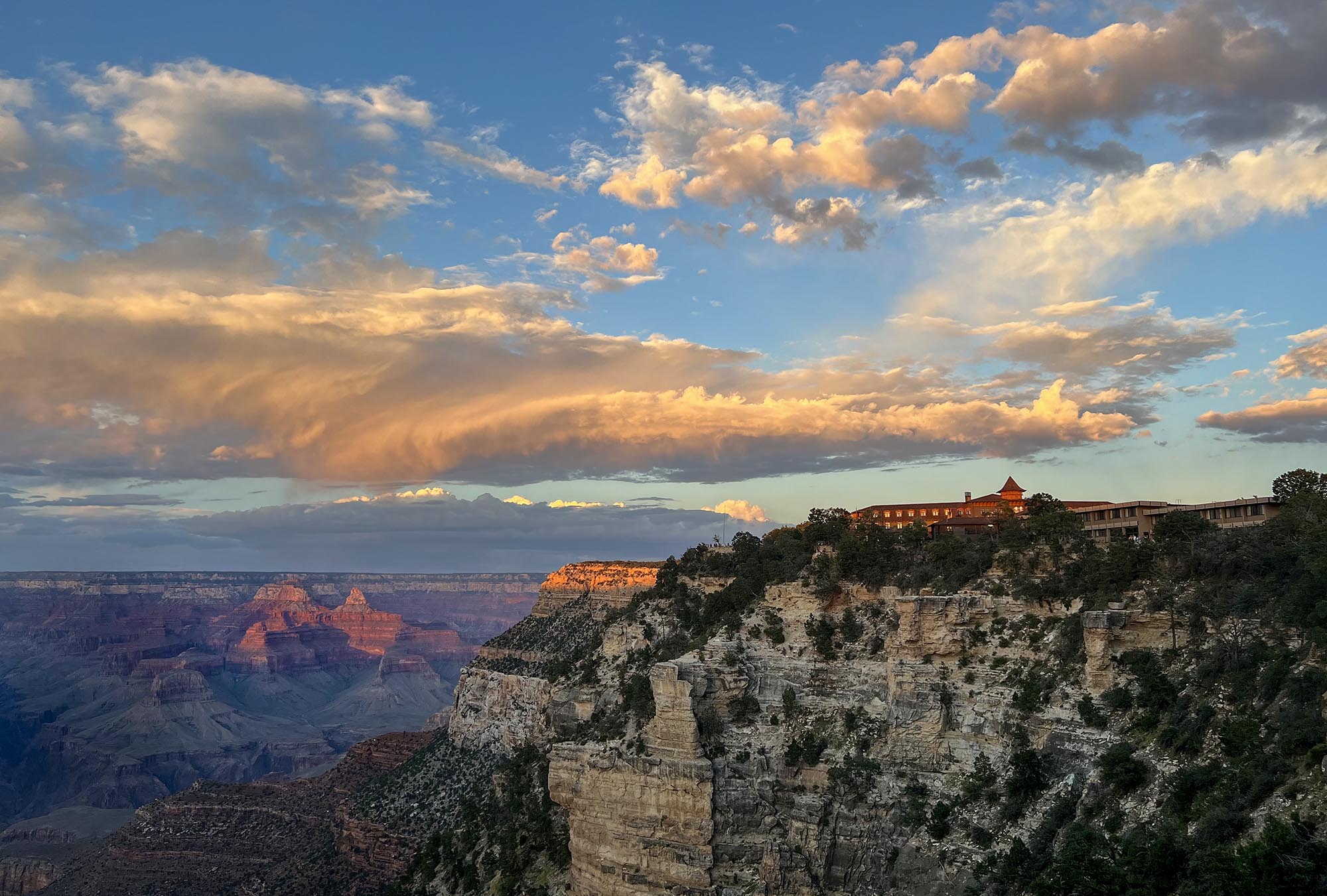 Sunset from the South Rim on 9-9-24 A colorful sunset with El Tovar Hotel in the background
