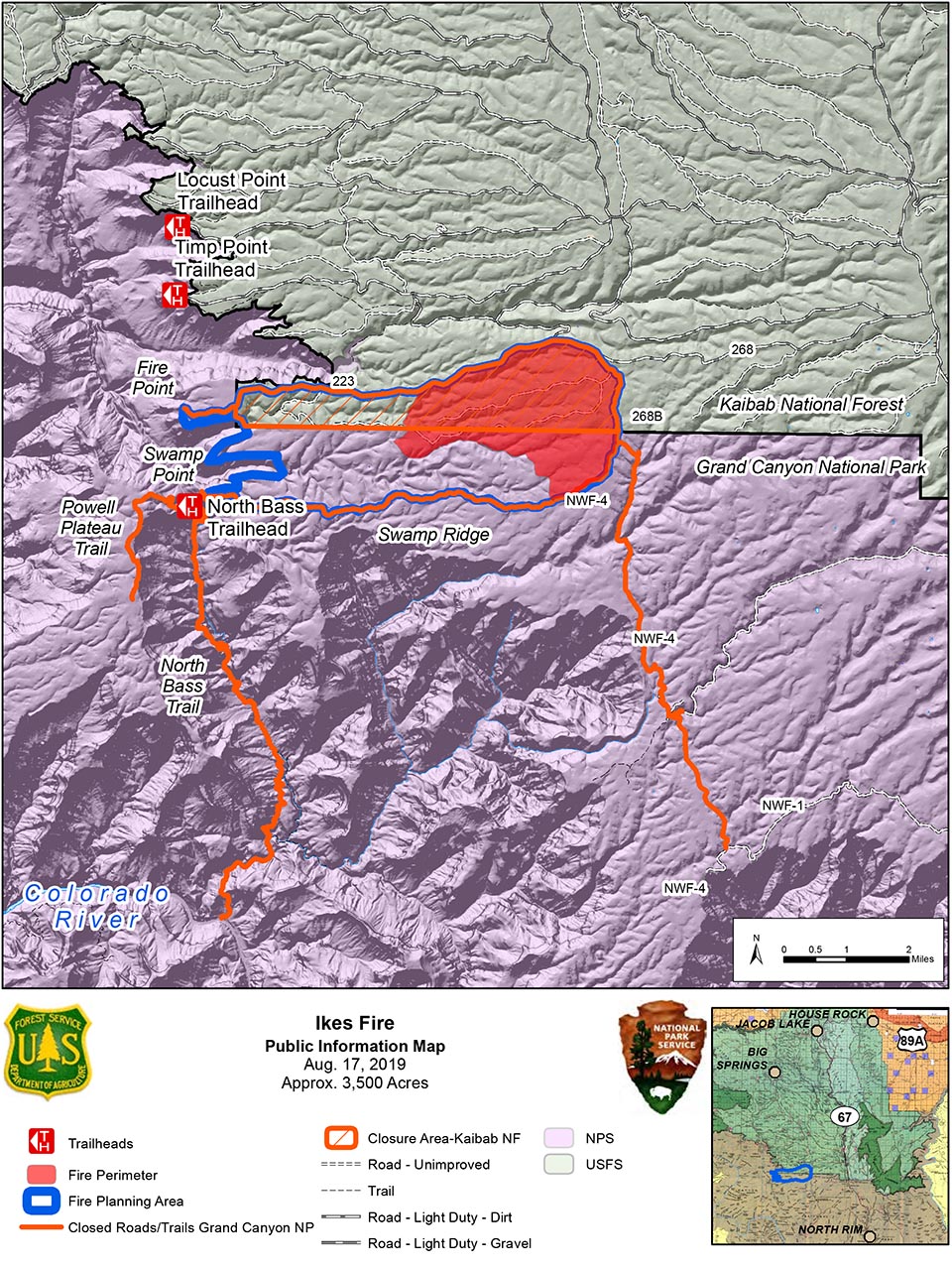 map showing the Ikes Fire containment area in relation to the north side of Grand Canyon National Park in its boundary with Kaibab Nat. Forest