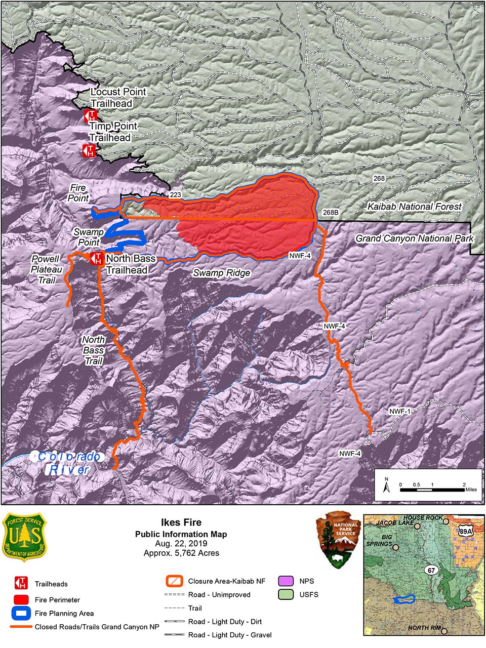 Map showing the Ikes Fire containment area and temporary road and trail closures in relation to the north side of Grand Canyon National Park in its boundary with Kaibab Nat. Forest.