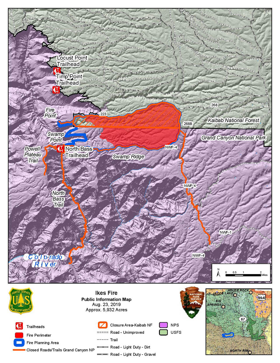 Ikes Fire PIO Map 082319 - shows the Ikes Fire containment area in relation to the north side of Grand Canyon National Park in its boundary with Kaibab Nat. Forest. Map showing the Ikes Fire containment area in relation to the north side of Grand Canyon National Park in its boundary with Kaibab Nat. Forest