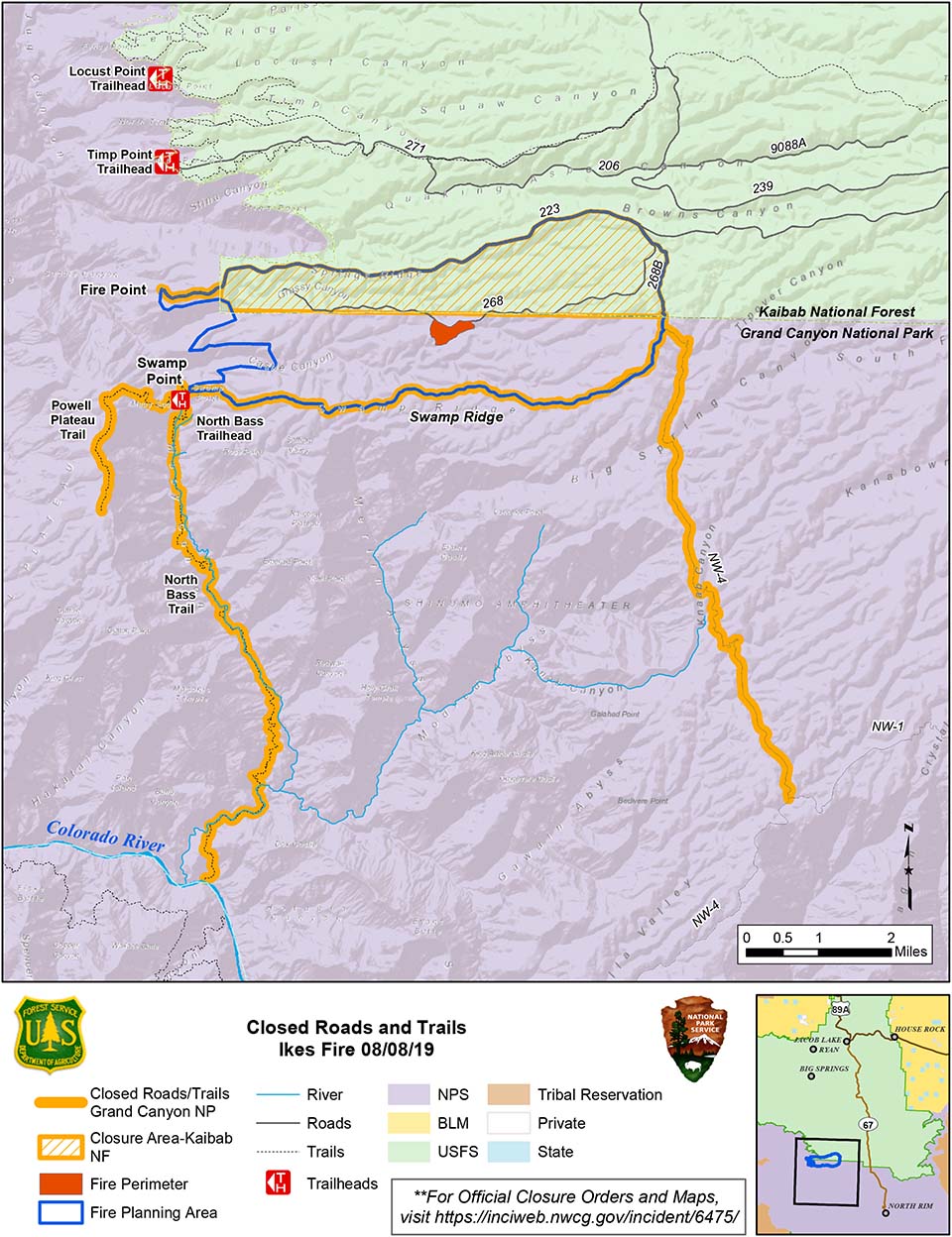 map showing the Ikes Fire containment and closure area in relation to the north side of Grand Canyon National Park in its boundary with Kaibab Nat. Forest