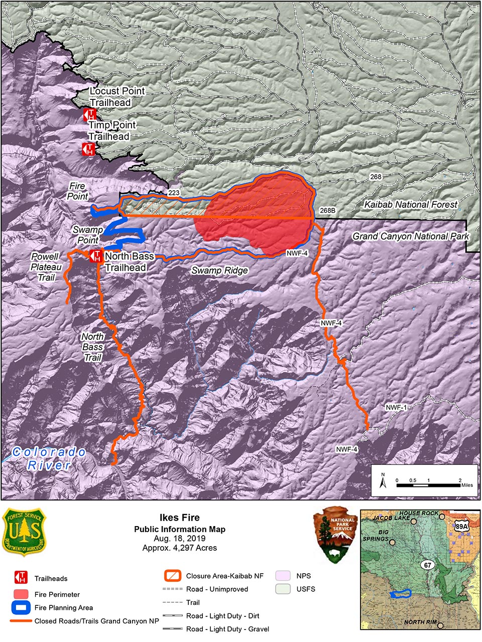 Map showing the Ikes Fire road and trail closures and containment area in relation to the north side of Grand Canyon National Park in its boundary with Kaibab Nat. Forest