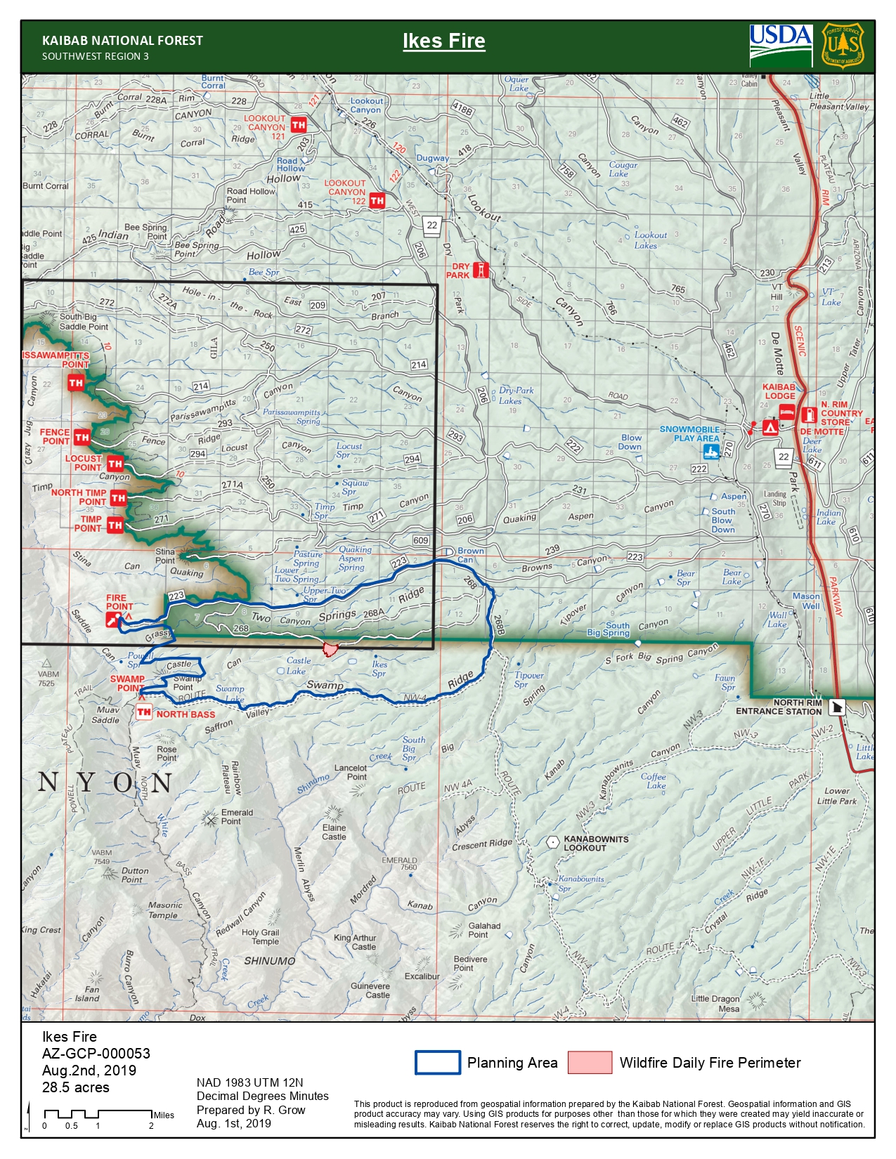 A map shows the Ikes fire perimeter in red