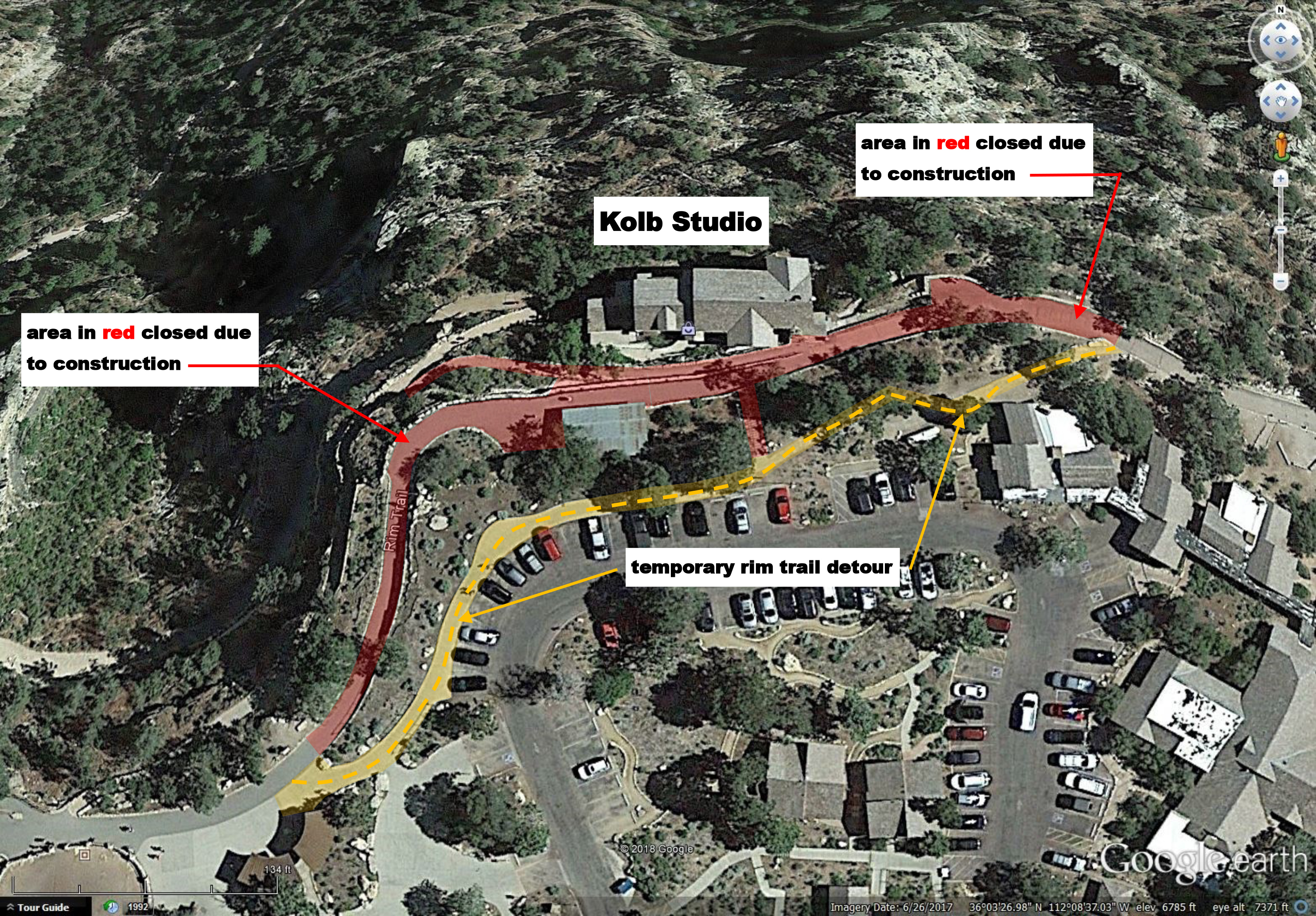 Aerial map of the detour around Kolb Studio