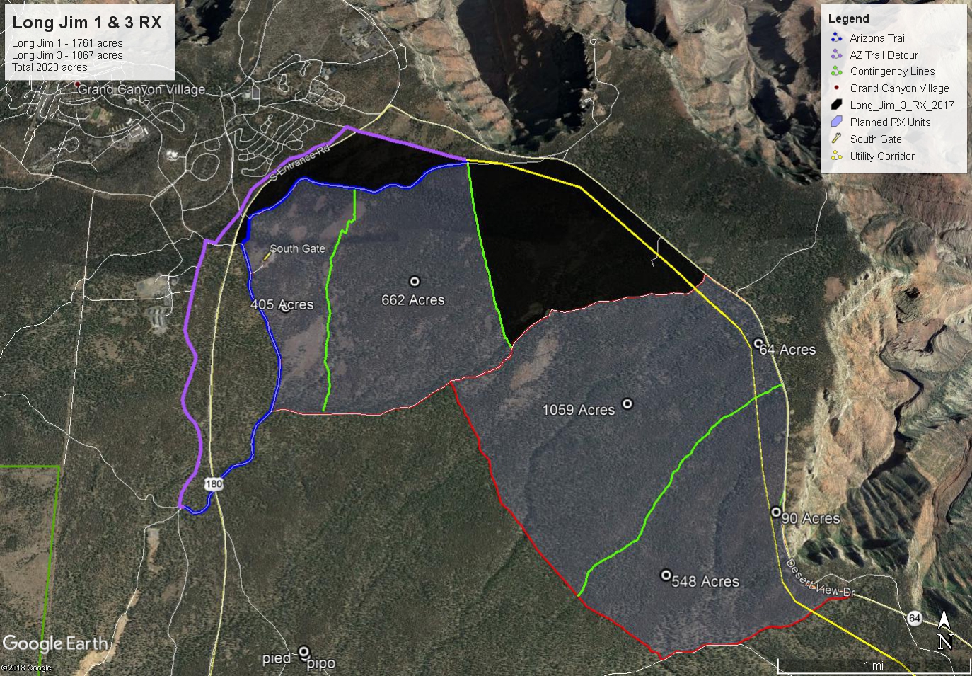 Long Jim Map There is a combo of blacked out squares and green squares. The black squares have already been burned and the green is the prescription area. The Arizona Trail is highlighted as well.