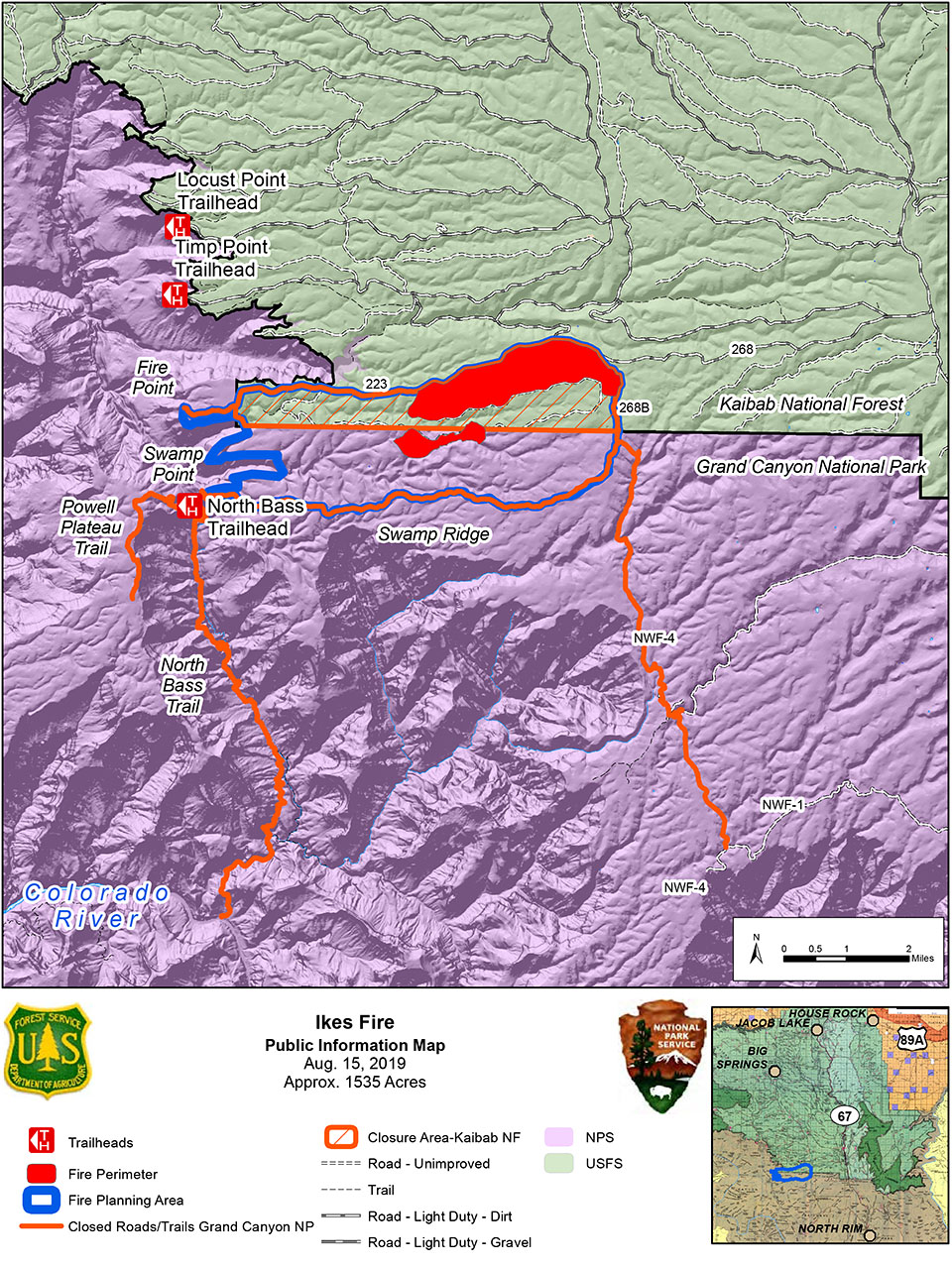 Map of the Ikes Fire planning area, with the areas that have burned shown in red. Closed roads and trails are show with orange lines.