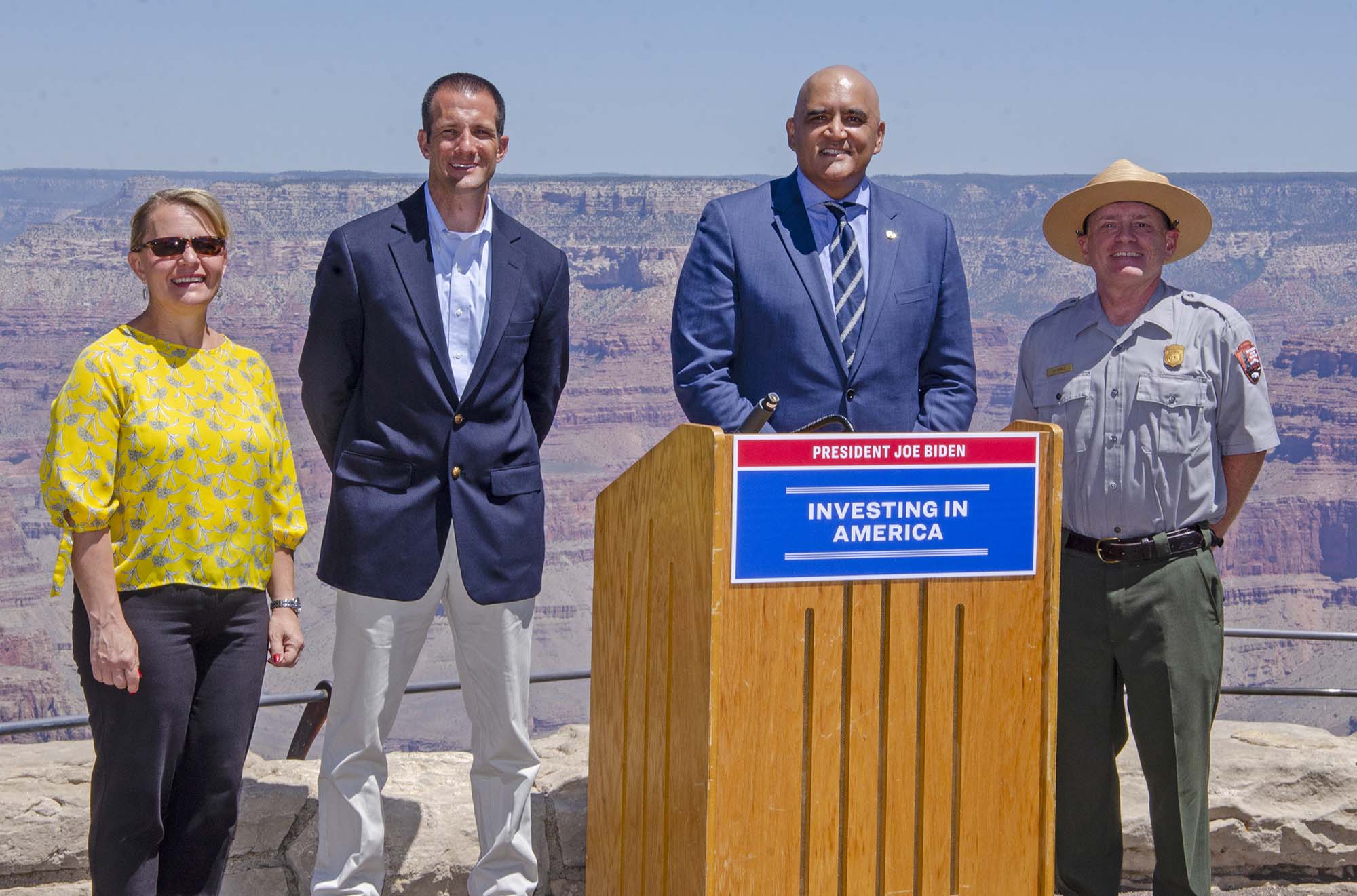 Left to right: Tusayan Mayor Clarinda Vail, Deputy Assistant Secretary for Fish and Wildlife and Parks Matt Strickler, Federal Highways Administrator Shailen Bhatt, and Grand Canyon National Park Superintendent Ed Keable during the July 6 announcement