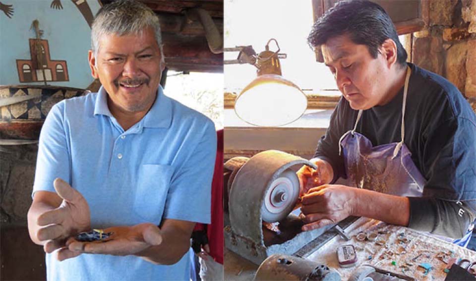 Jimmy Yawakia, on the left, smiling, is holding several of his fetishes in his hands. Duran Gasper, on the right, is shown sitting at a work table and polishing some pieces of turquoise on a wheel. Jimmy Yawakia, on the left, smiling, Duran Gasper, on the right, is shown sitting at a work table and polishing some pieces of turquoise on a wheel.