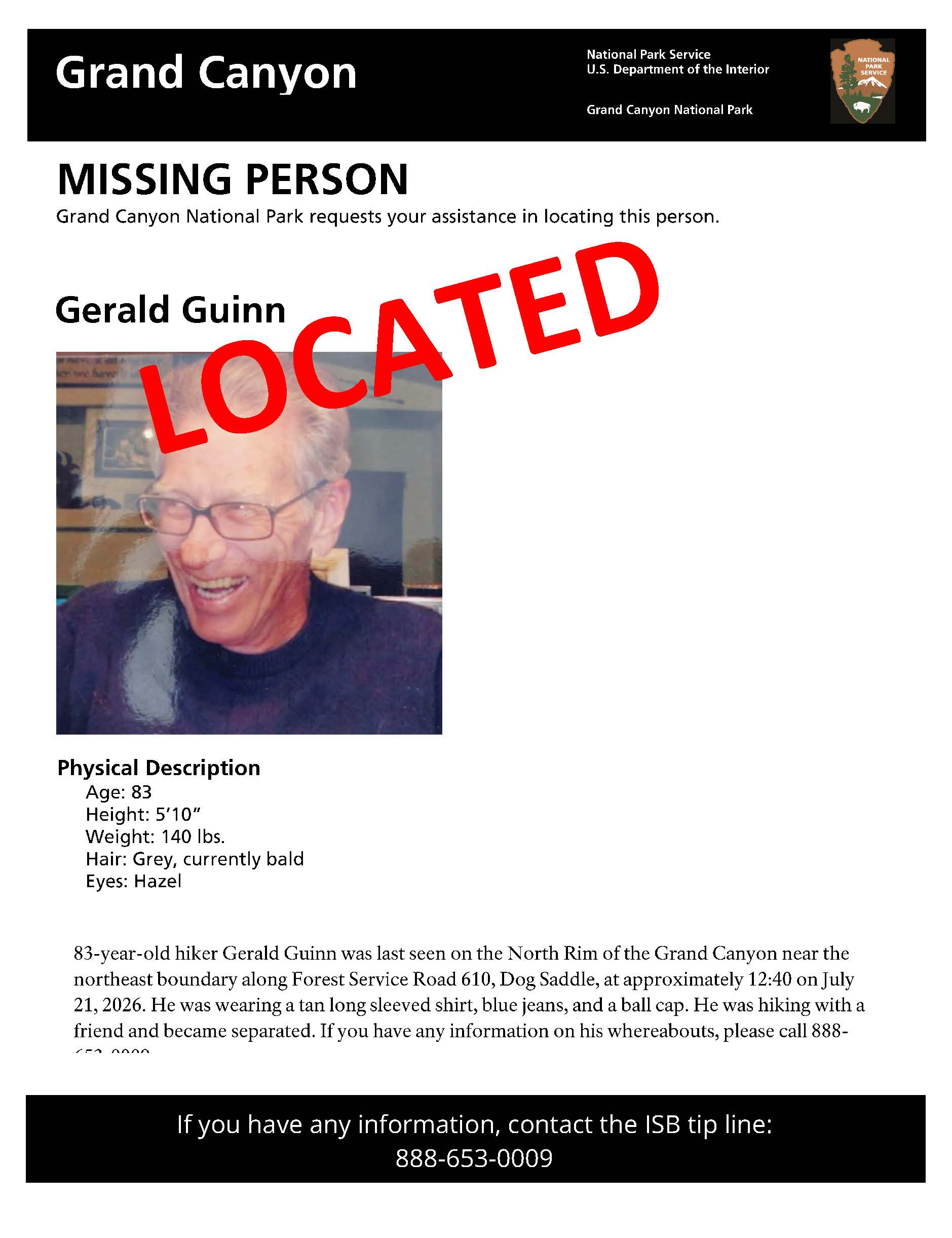 A missing person flyer with red letters with the word "LOCATED" across. The flyer describes the missing person as Gerald Guinn, 83, 5'10", 140 lbs with gray hair and was last seen wearing a tan shirt and blue jeans.