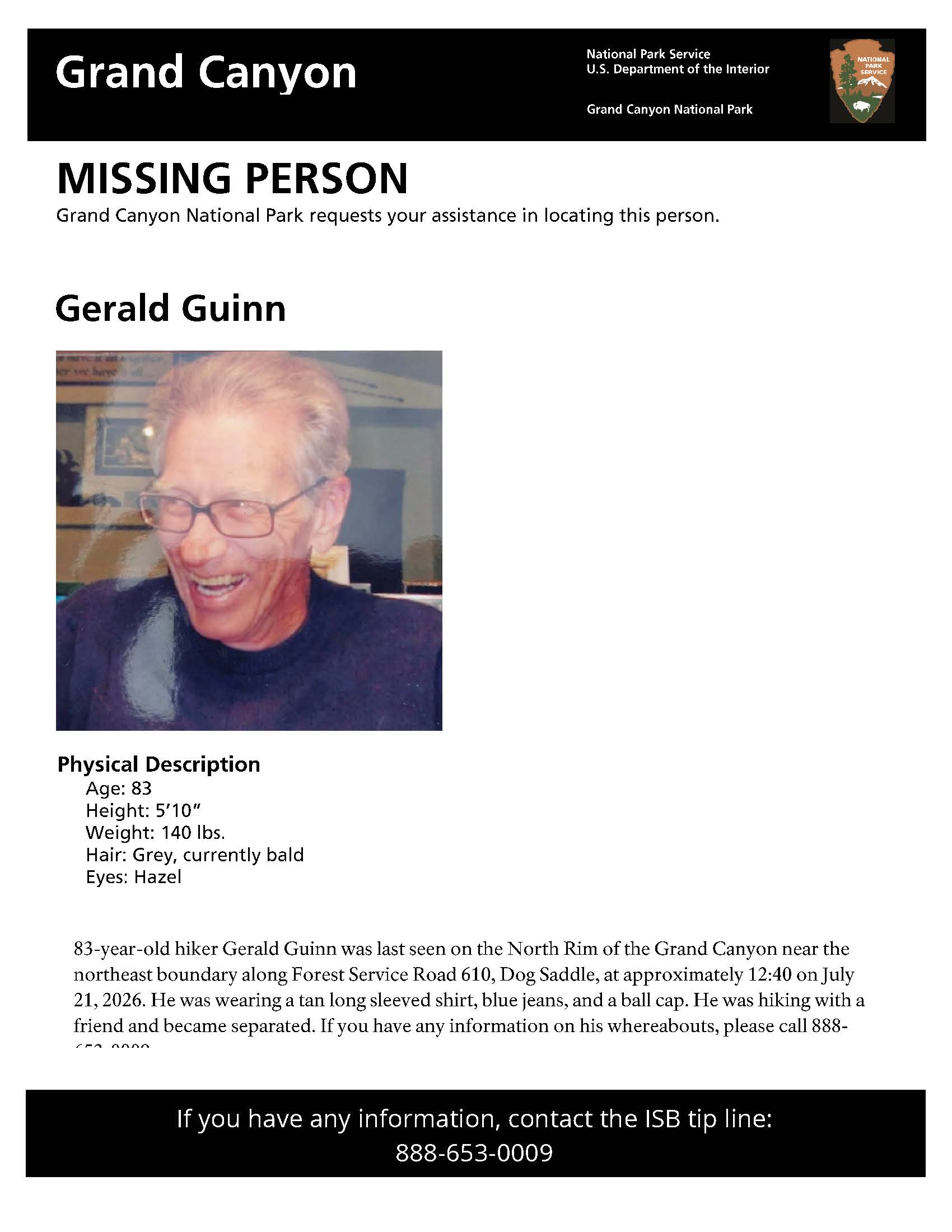 A missing person flyer showing a man in his 80s with gray hair. The man was last seen in a remote section of the North Rim on July 21, 2026.