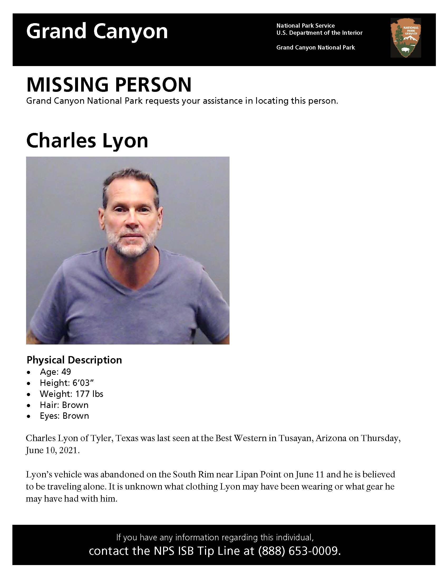 Missing person poster for Charles Lyon