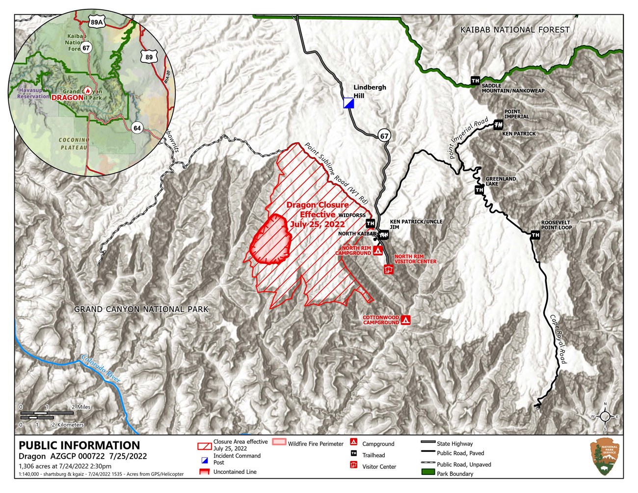 7-25 Fire PIO Map A map showing the Dragon Fire and the Dragon Fire closure area on the North Rim of Grand Canyon National Park