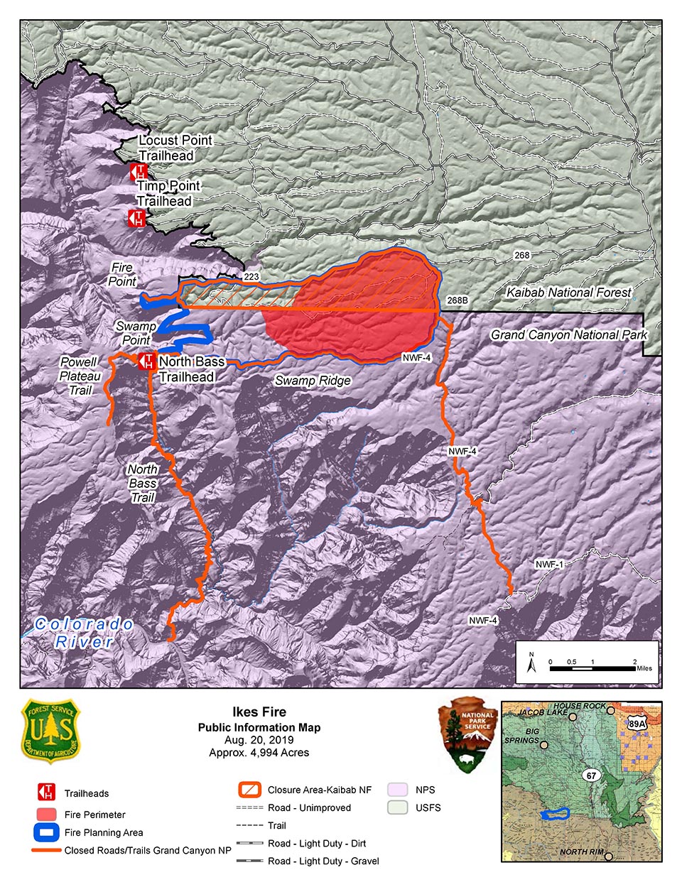 Ikes PIO Map 082019 showing the Ikes Fire road and trail closures and containment area in relation to the north side of Grand Canyon National Park in its boundary with Kaibab Nat. Forest