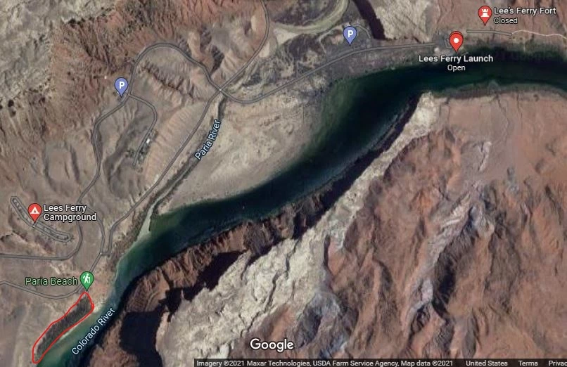 Lees Ferry Aerial Map An aerial map of the Lees Ferry area along the Colorado River