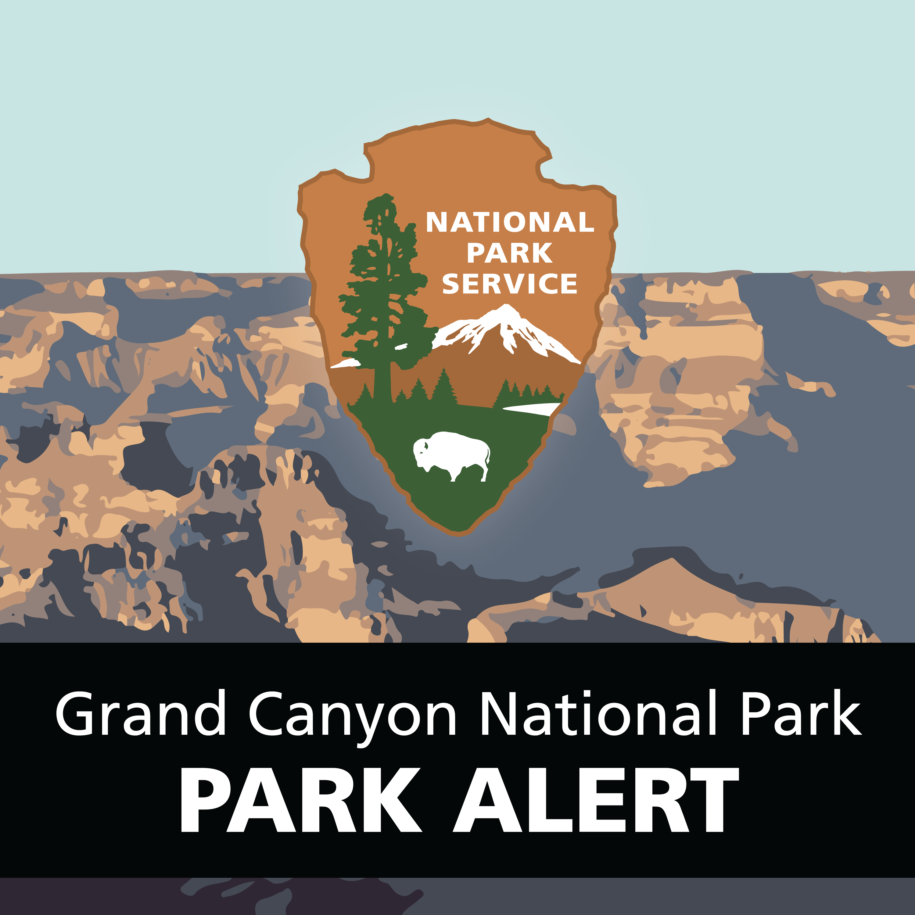 Grand Canyon Park Alert is in text with an image of the NPS arrowhead on a canyon background