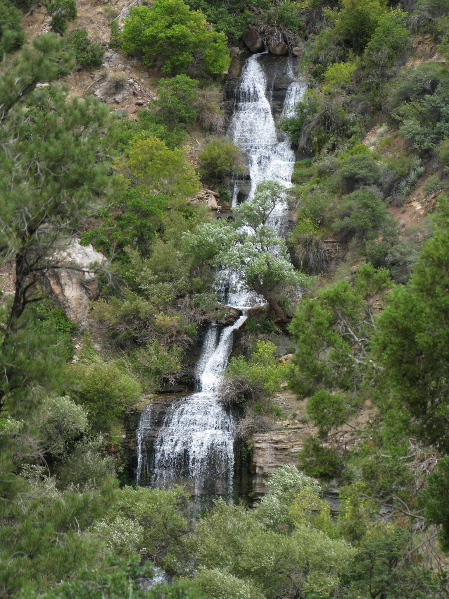 A waterfall emerges from steep canyon cliffs