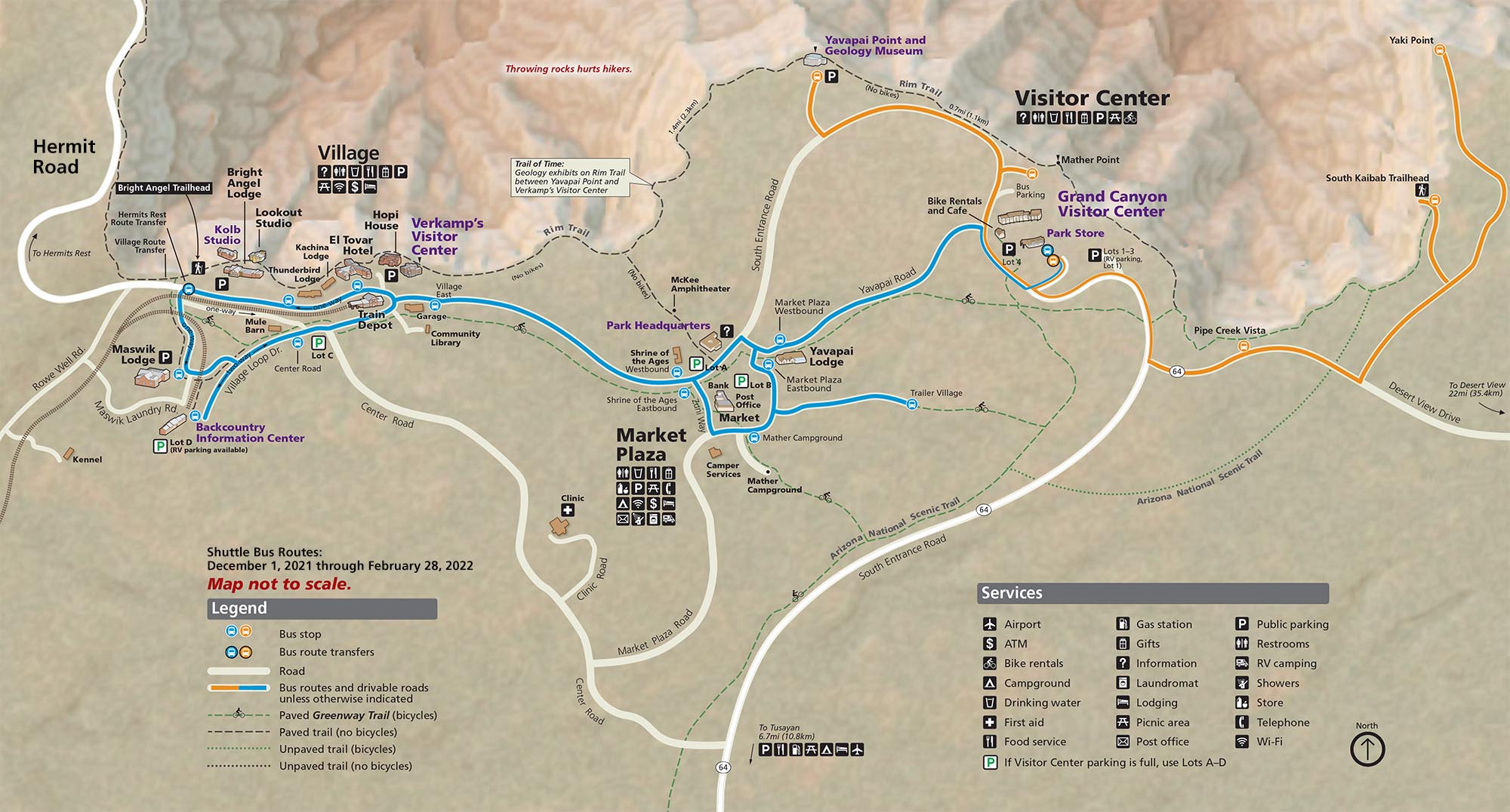 Map of the South Rim Winter Shuttle Bus Routes, 2021-2022