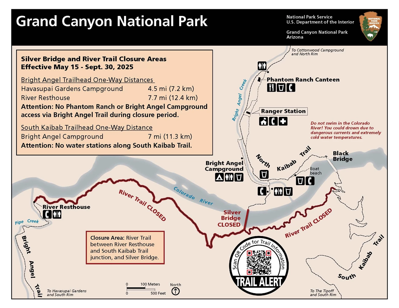 TCWL 2025 River Trail and Silver Bridge Closures Map A north-oriented map displays a section of the Colorado River between the points where the Bright Angel Trail (on the left) and the South Kaibab Trail (on the right) reach the river. Between these two trails, the River Trail follows the Colorado River. Tw