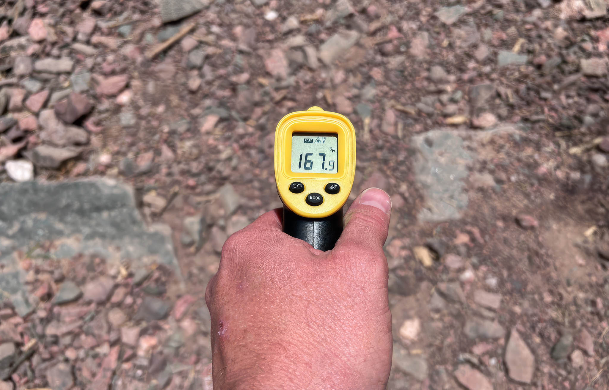 a hand is holding a digital thermometer, pointed at the ground that reads: 167.9 degrees