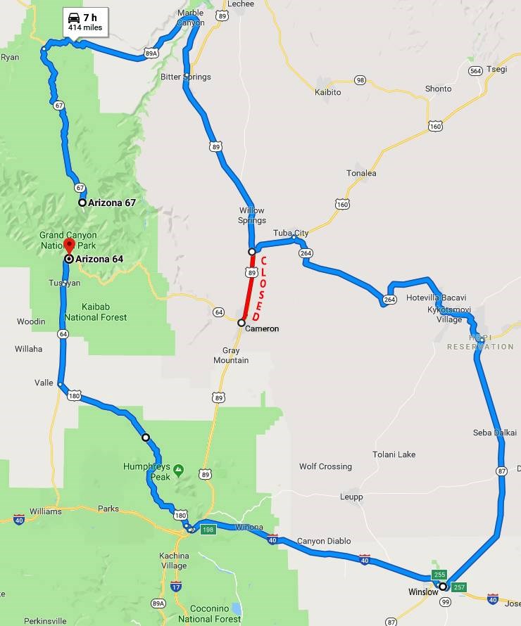 A road map showing in red, the closed section of Highway 89. The blue line shows the suggested detour from South Rim to North Rim of Grand Canyon National Park.